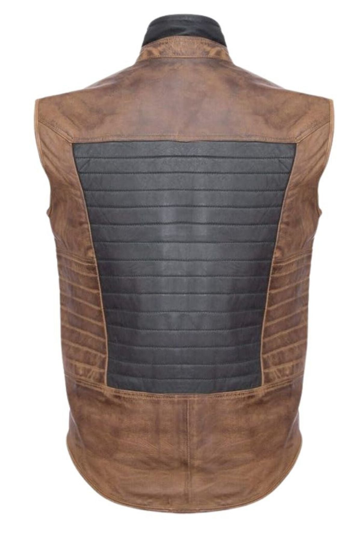 Brown leather vest with black quilted panel on a white background