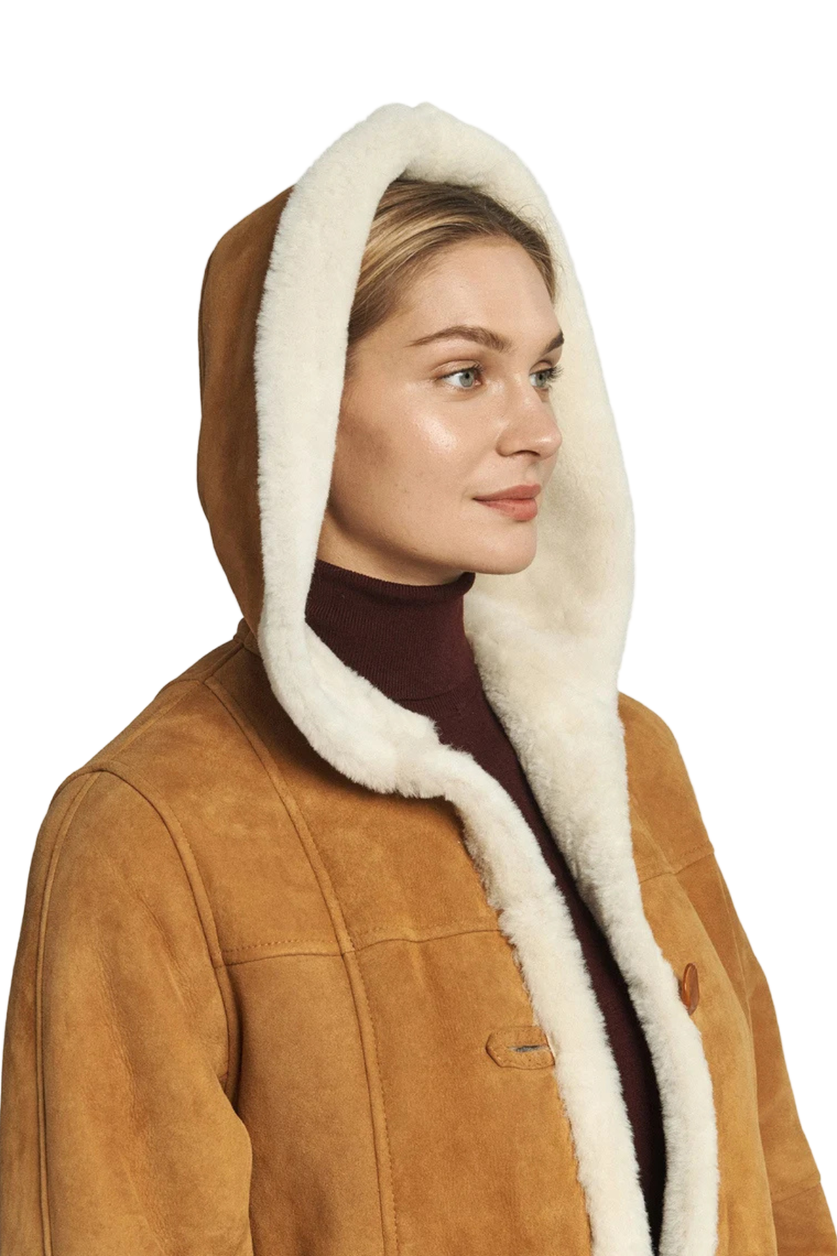 Women’s Shearling Hooded Suede Coat – Camel Brown Winter Jacket with Faux Fur 