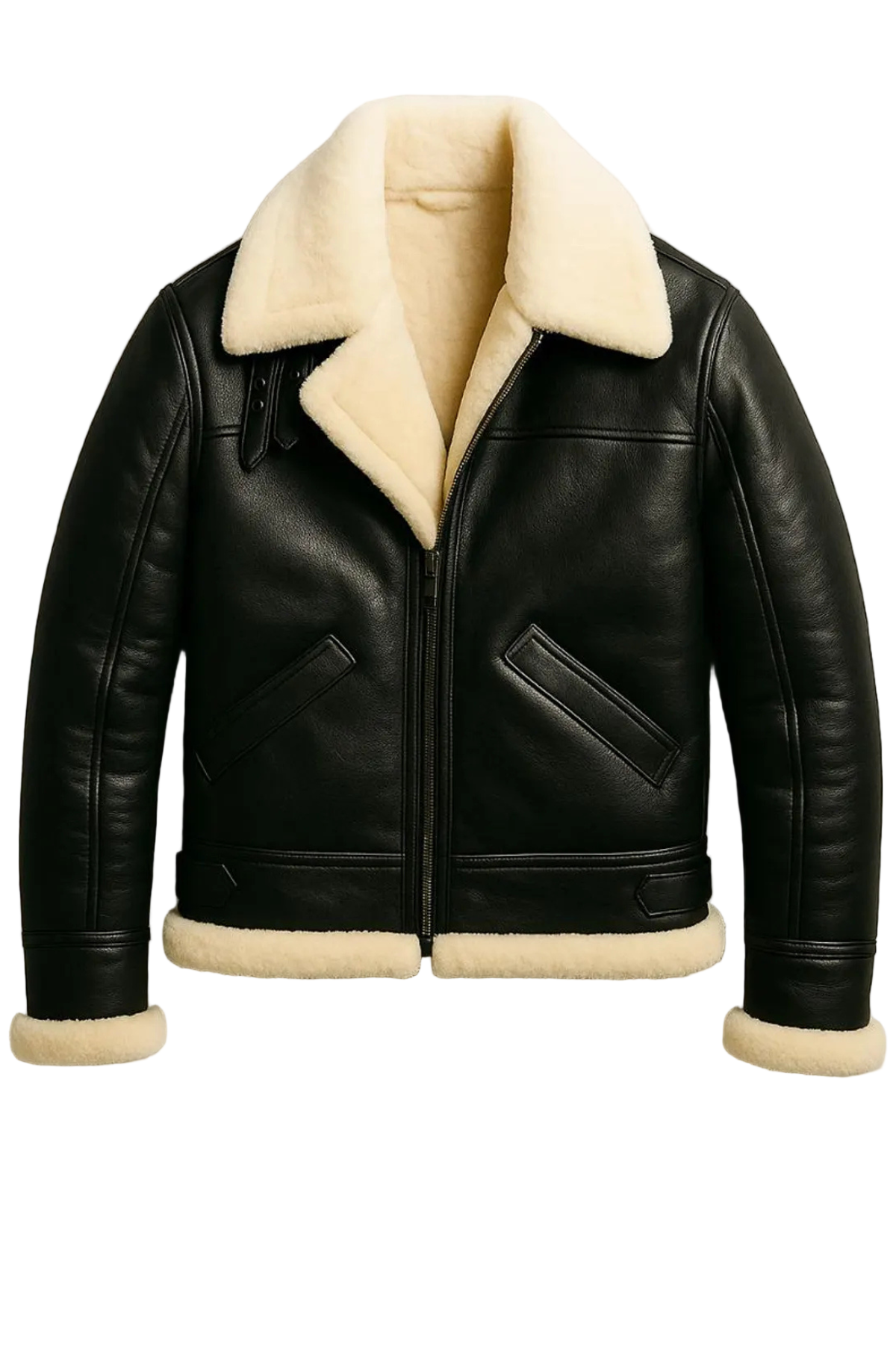 Black leather jacket with cream shearling collar and cuffs 