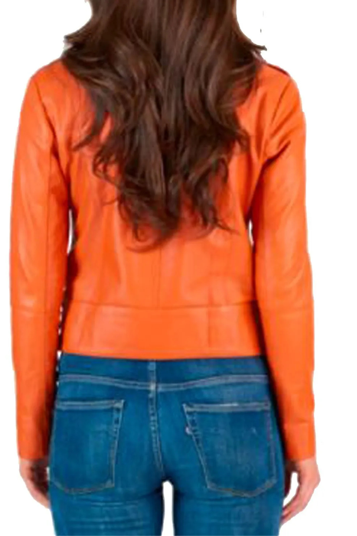 Person wearing an orange leather jacket and blue jeans from behind