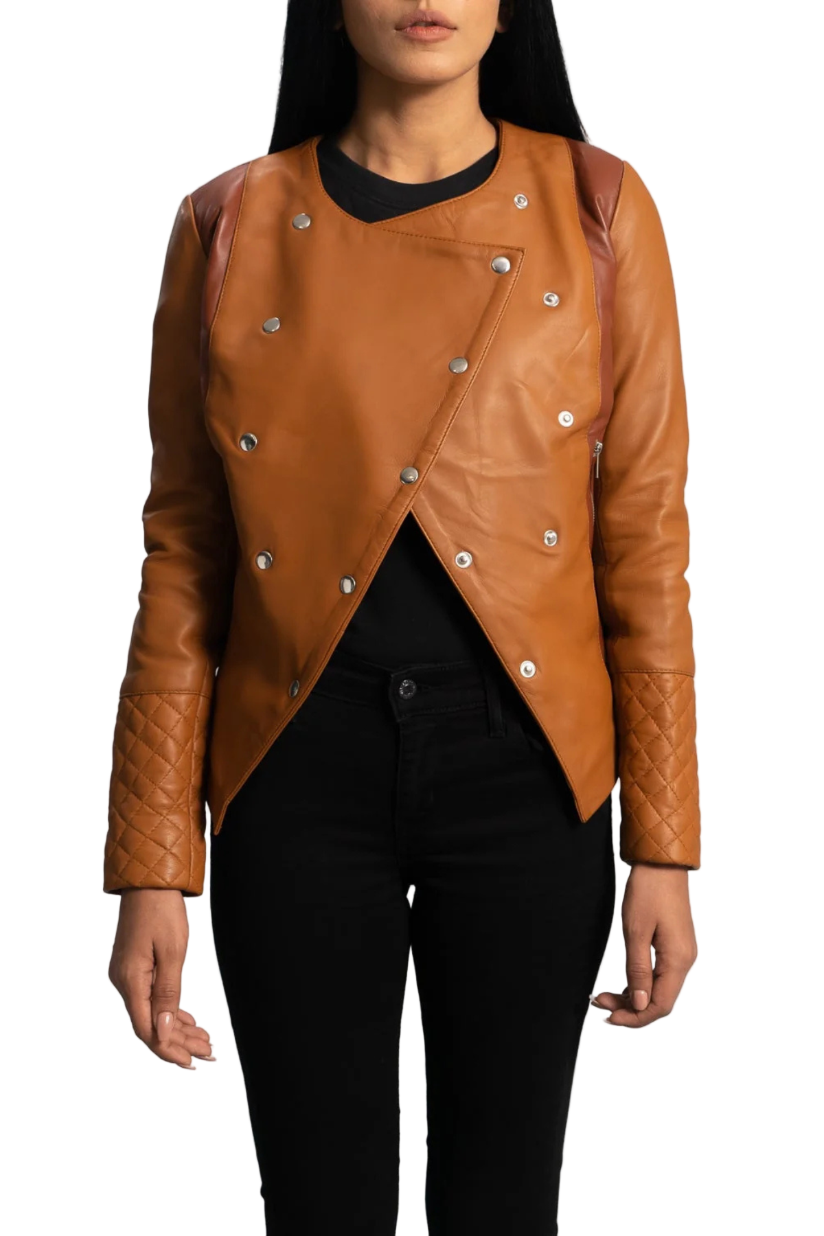 Brown leather jacket with silver buttons 