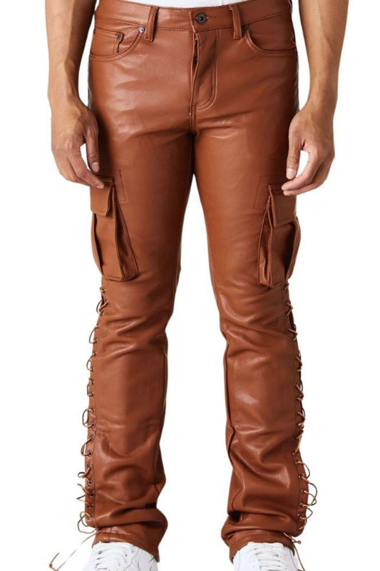 Men's Laced Leather Cargo Pants | Cognac Brown Side-Laced Trousers