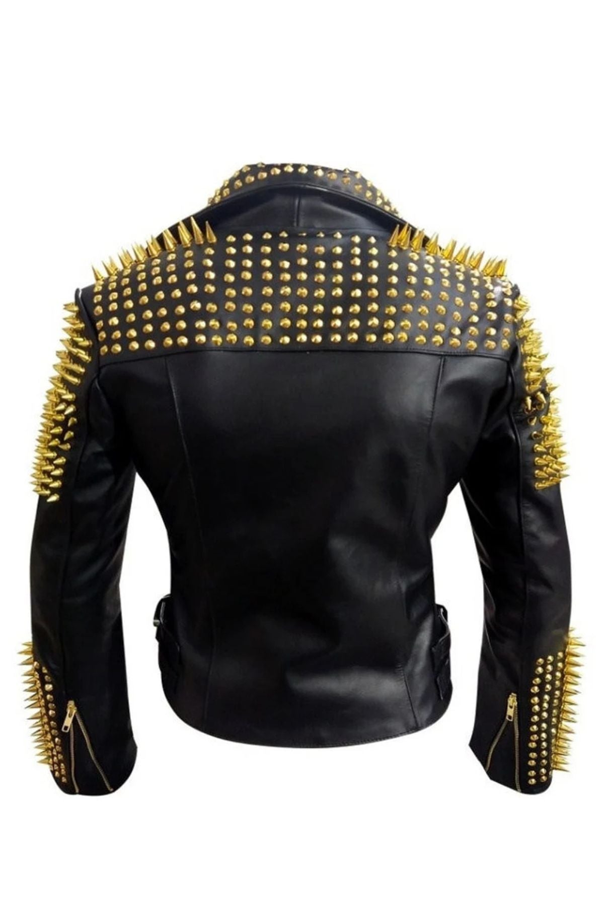 Women’s Black Leather Studded & Spiked Biker Jacket – Gold Punk Rock Motorcycle Style
