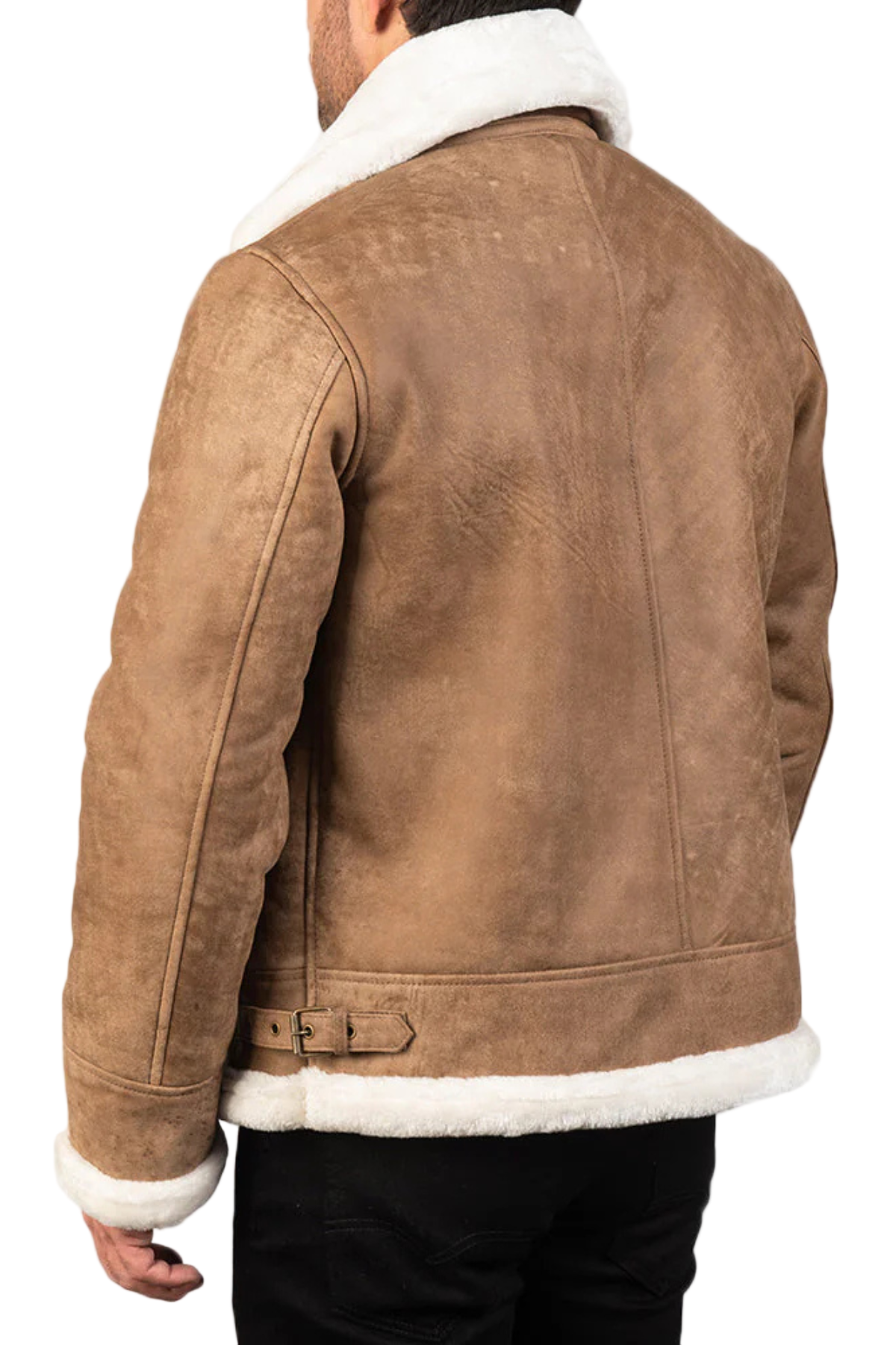 Brown leather jacket with white fur lining 