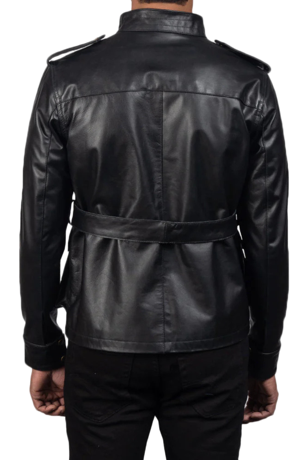 Black leather jacket with a belt 