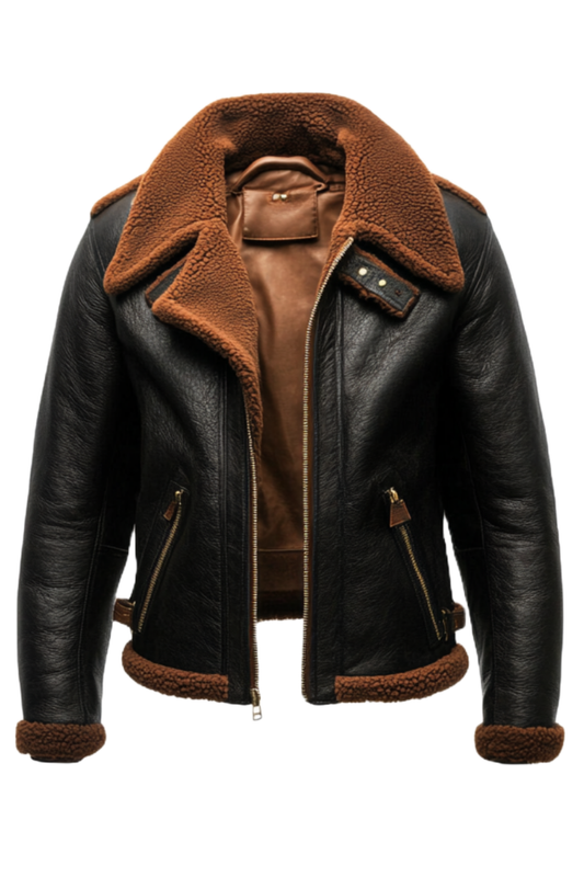 Black leather jacket with brown shearling collar and cuff