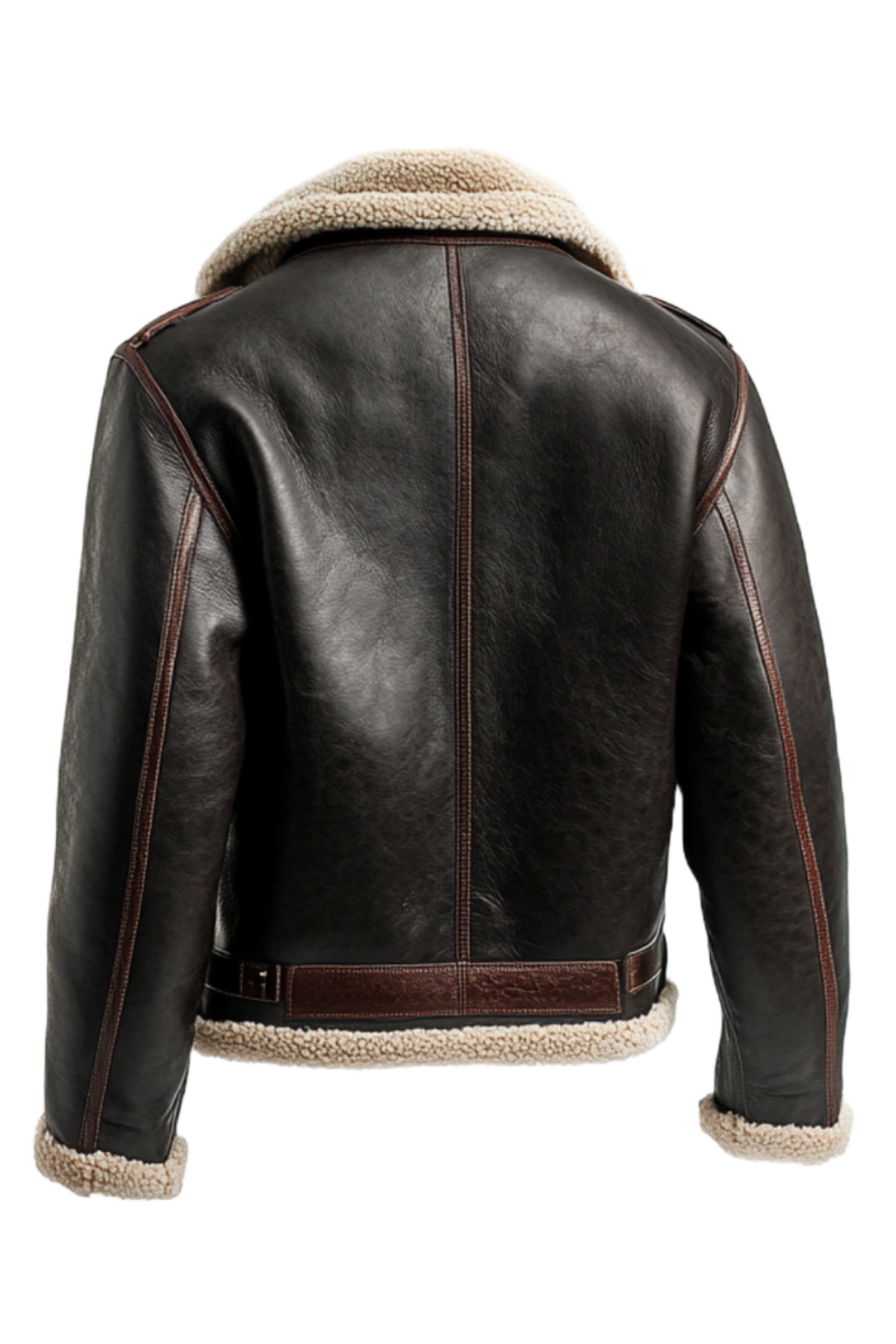 Back view of a black leather jacket with shearling lining 