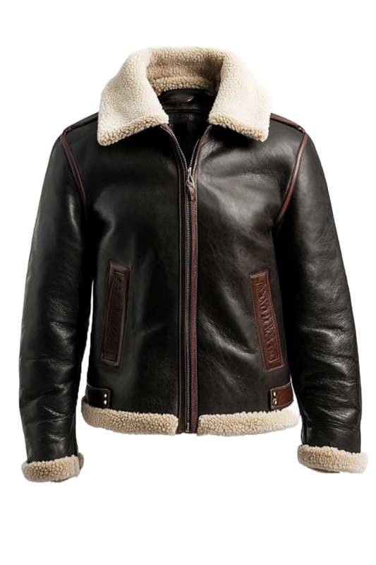 Black leather jacket with beige shearling collar and lining 
