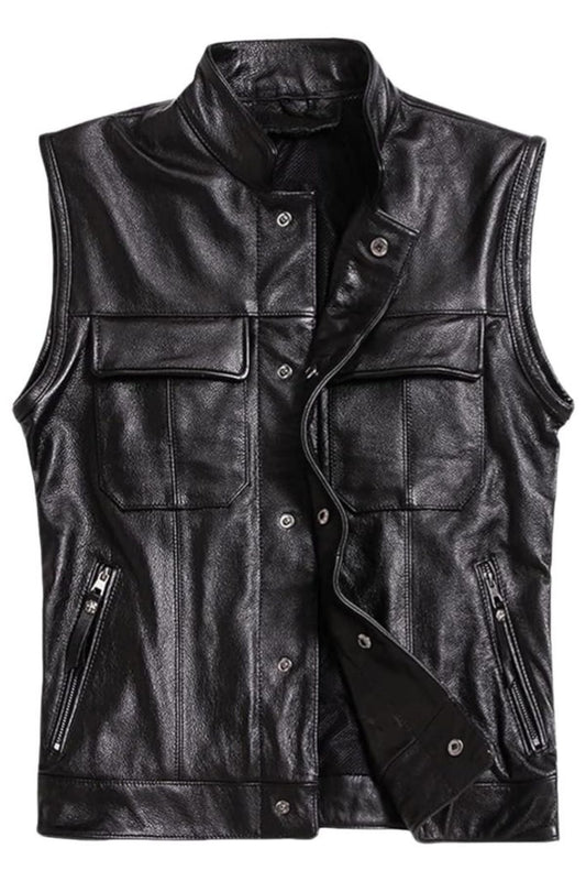Black leather vest with multiple pockets and zippers on a white background