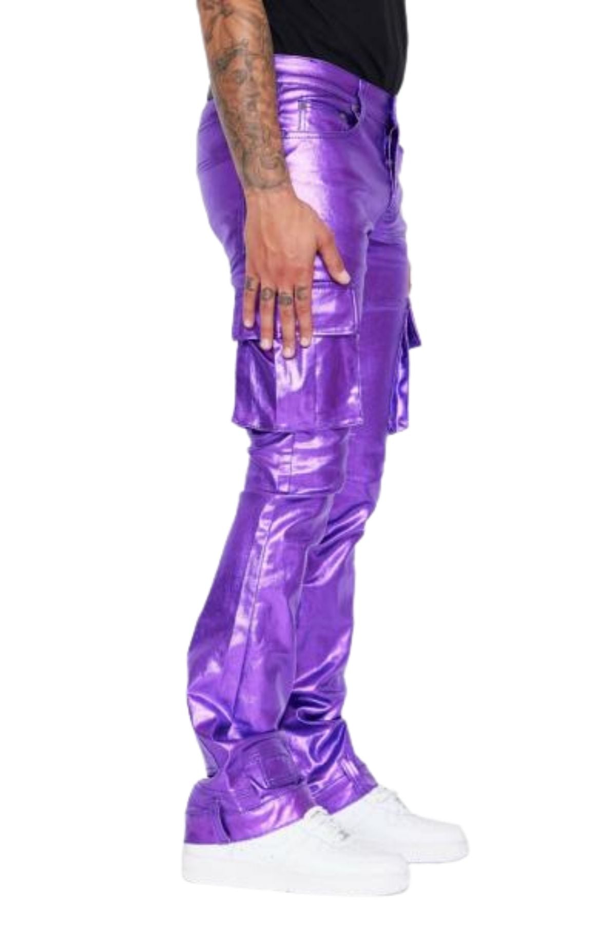 Men's Metallic Purple Leather Cargo Pants | Shiny Slim-Fit Trousers
