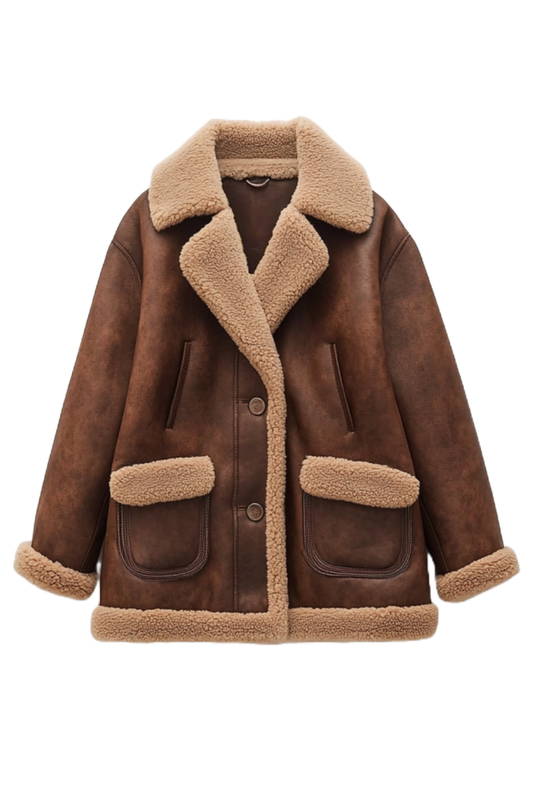 Brown shearling jacket with beige interior 
