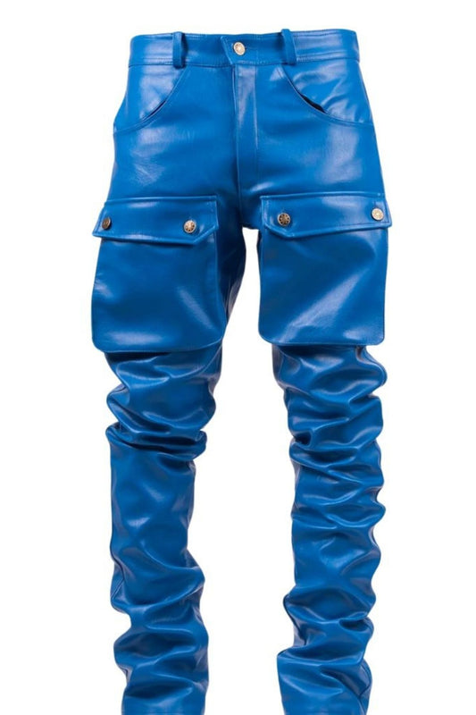 Blue leather pants with button details on a white background