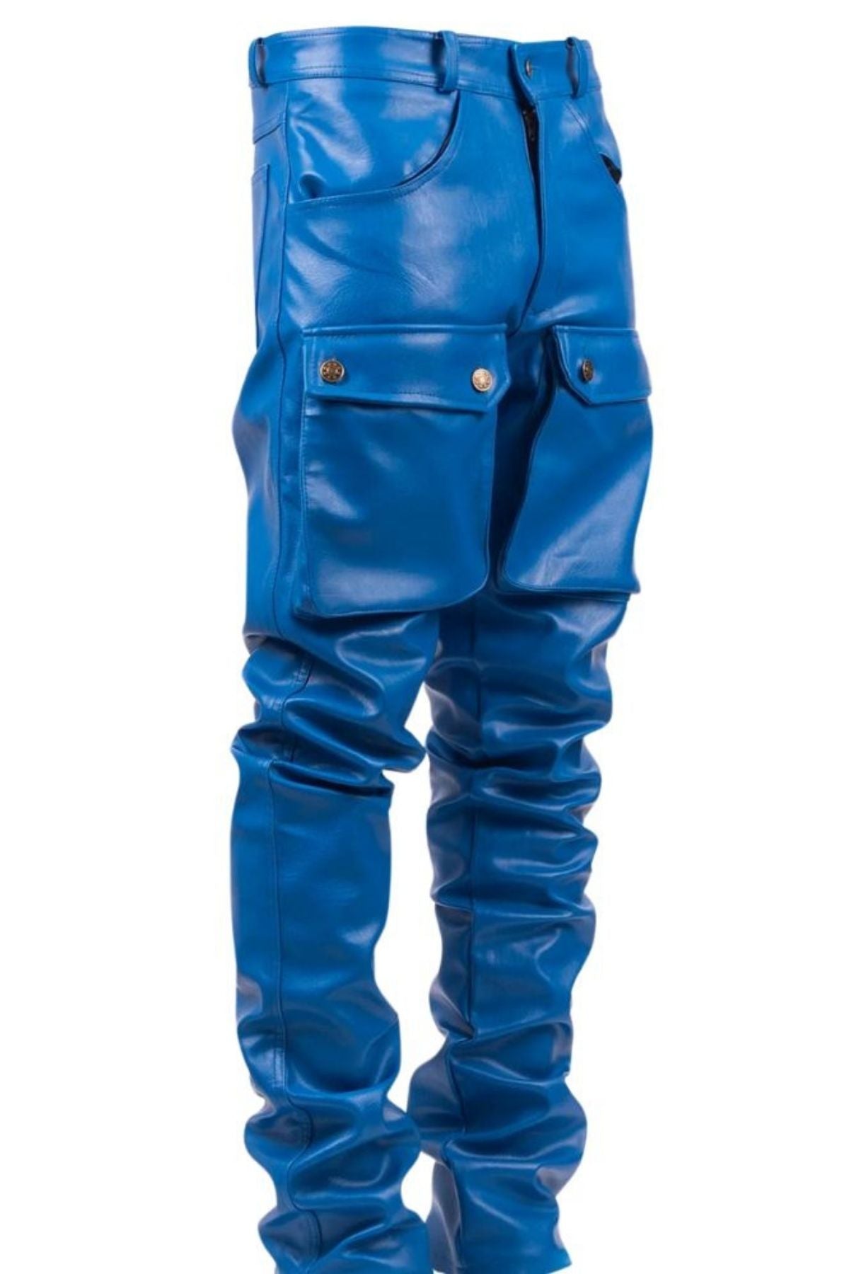 Blue leather pants with gold buttons on a white background