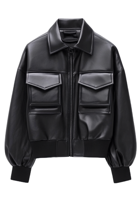 Black leather jacket with pocket details 