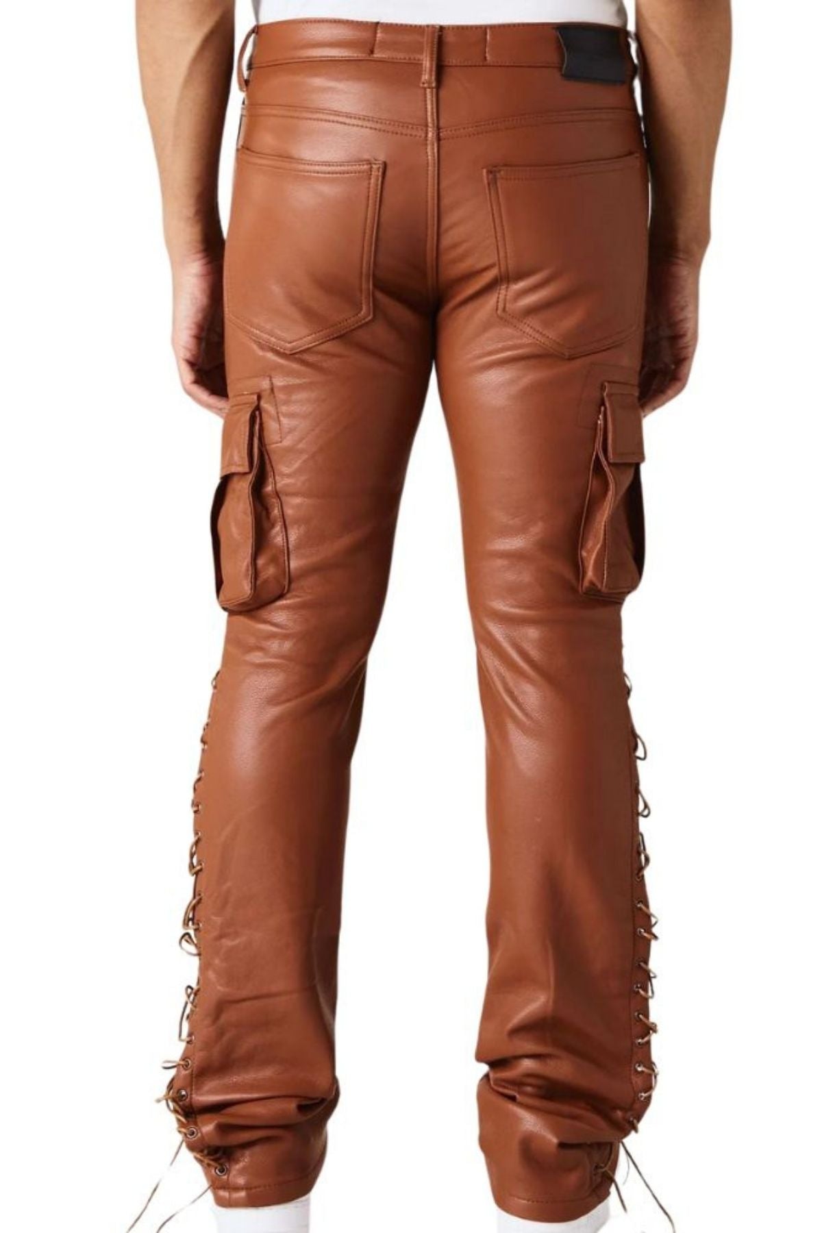 Men's Laced Leather Cargo Pants | Cognac Brown Side-Laced Trousers
