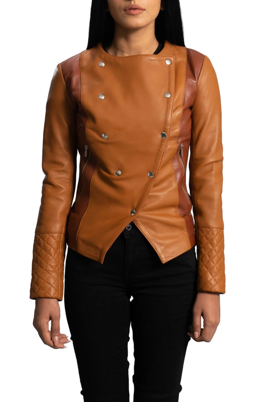 Brown leather jacket with quilted sleeves 