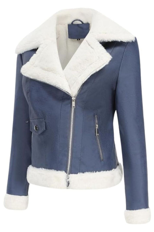 Blue leather jacket with white fur lining 