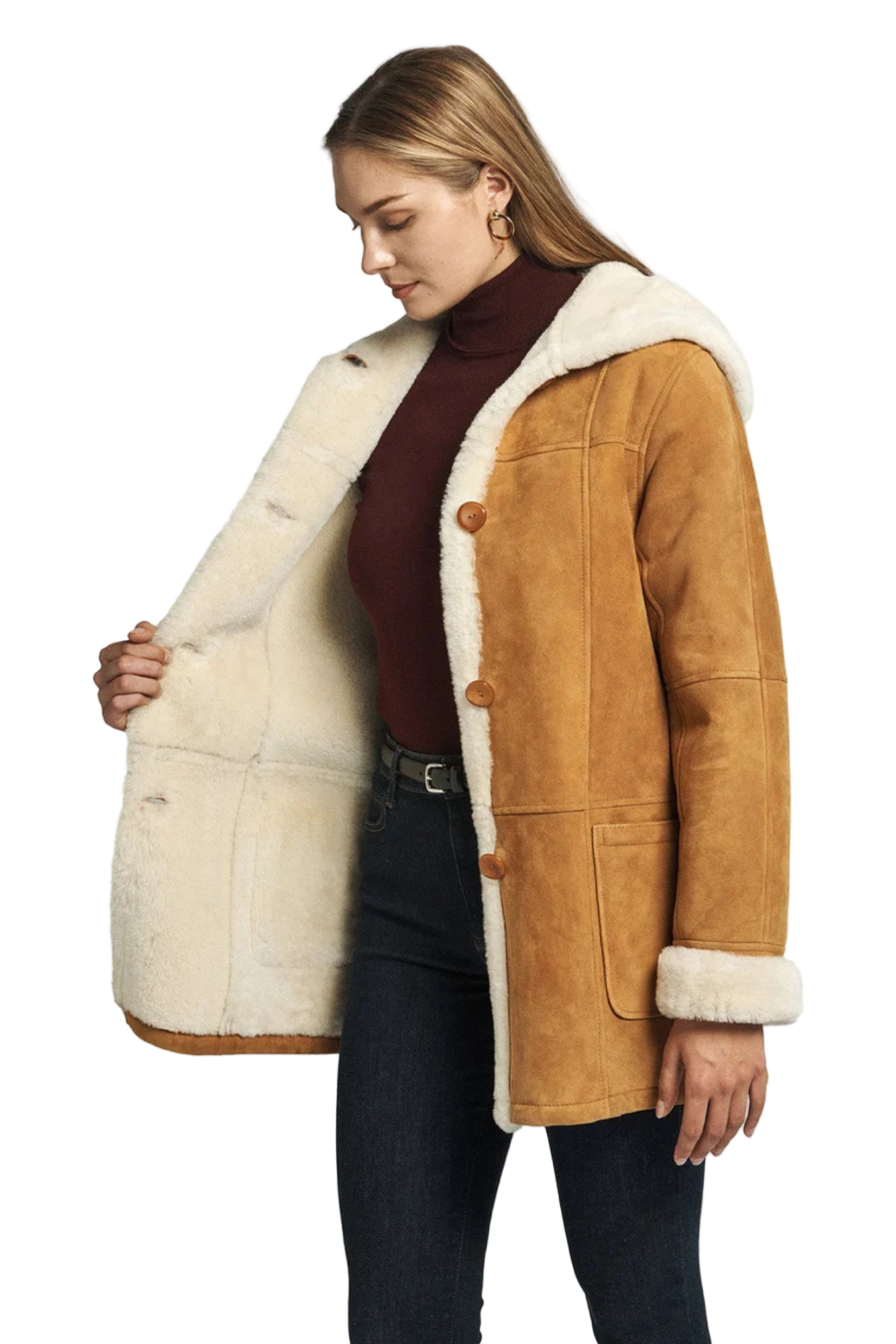 Women’s Shearling Hooded Suede Coat – Camel Brown Winter Jacket with Faux Fur 