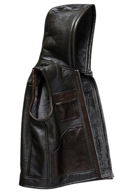 Black leather hooded coat on a white background