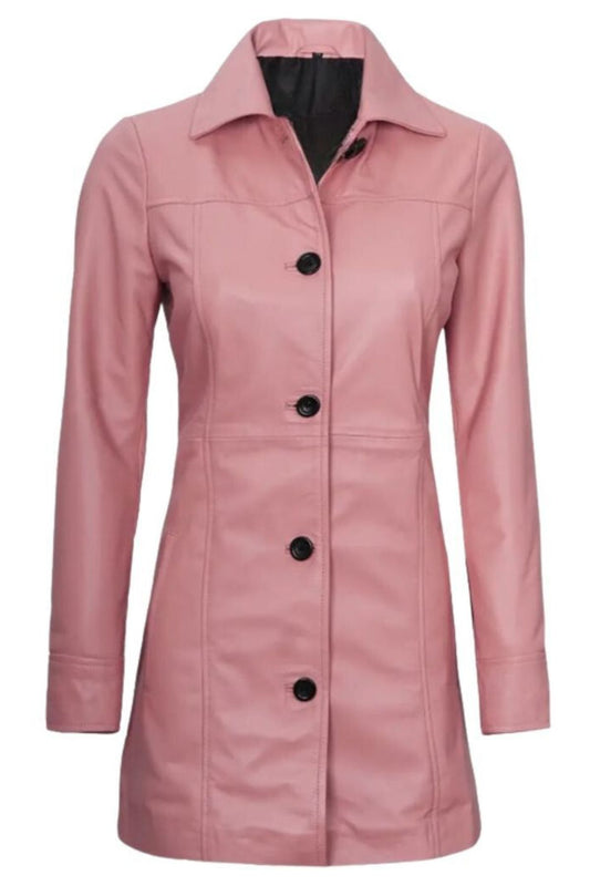 Women's Pink Button-Front Leather Car Coat