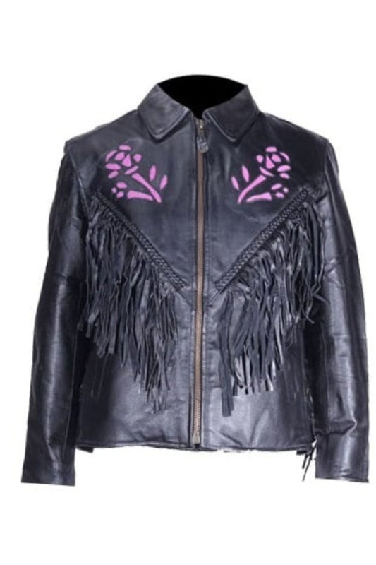 Black leather jacket with fringe and pink paw prints 