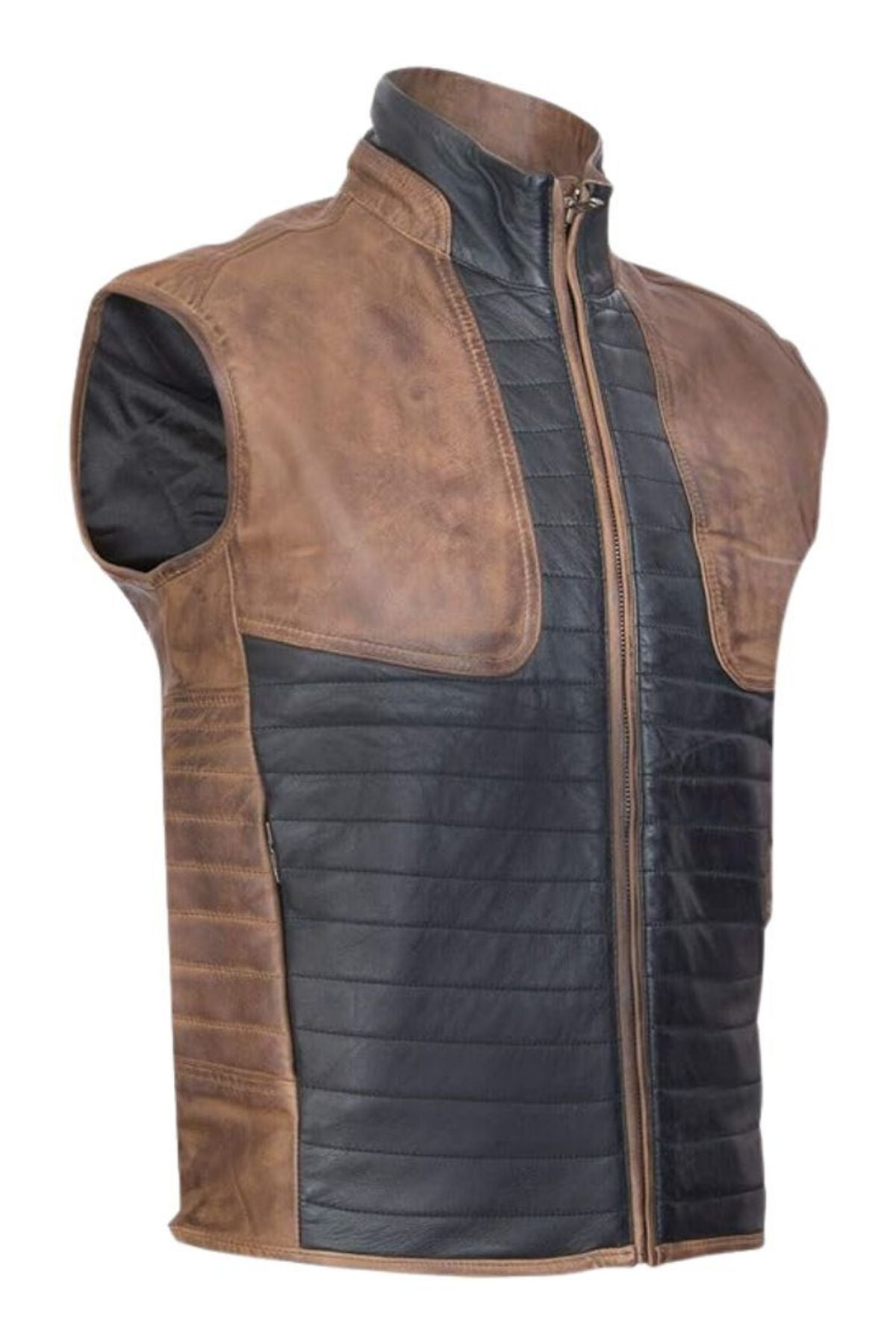Brown leather vest with black quilted lining on a white background