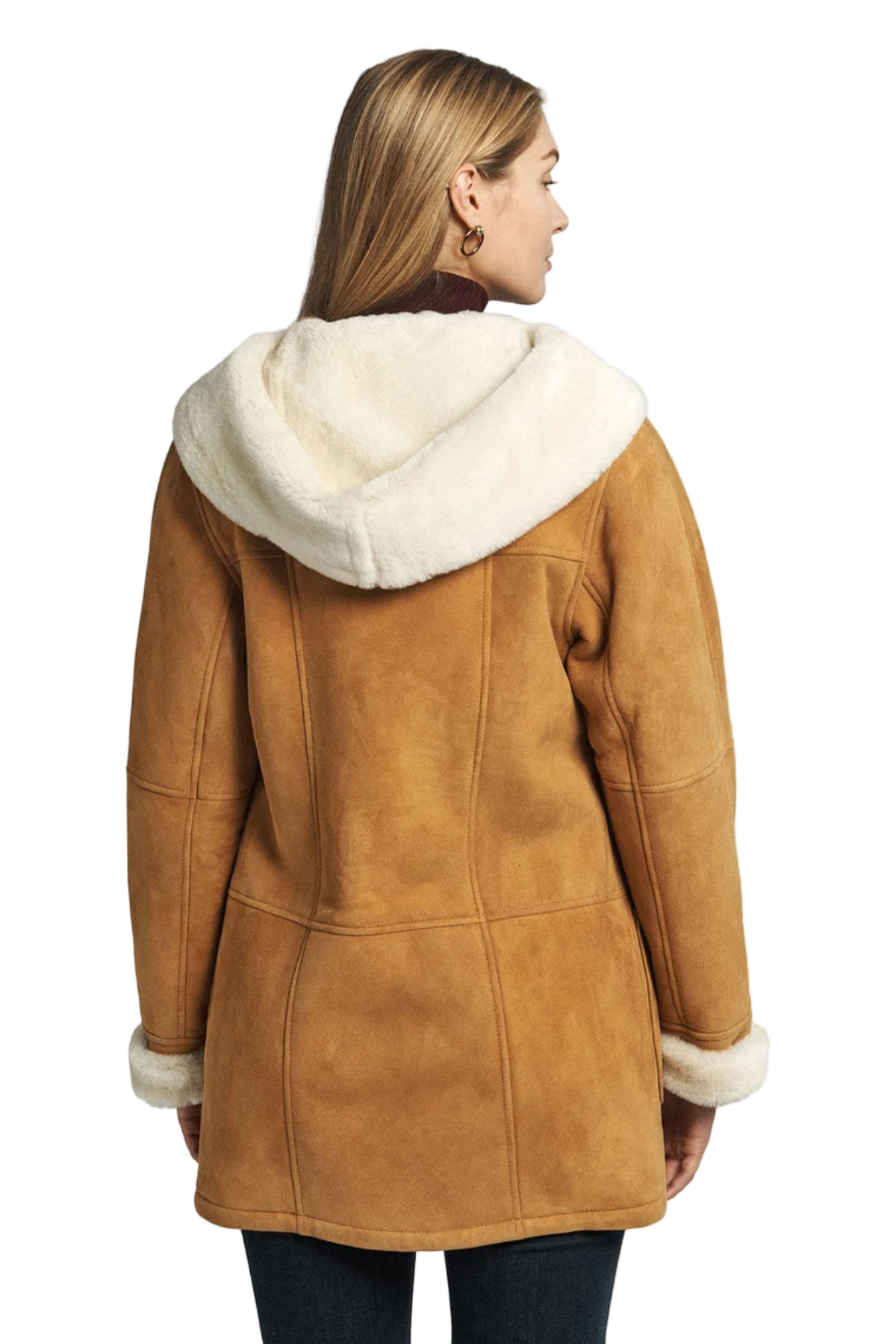 Women’s Shearling Hooded Suede Coat – Camel Brown Winter Jacket with Faux Fur 