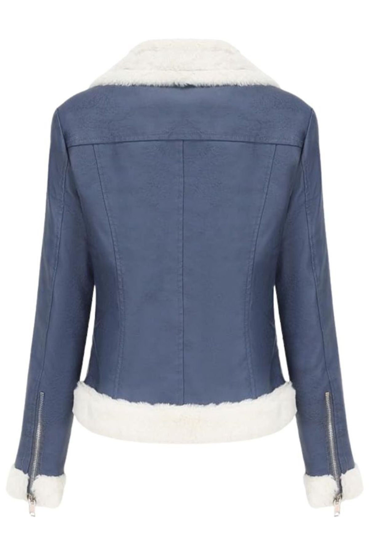 Blue denim jacket with white fur lining 