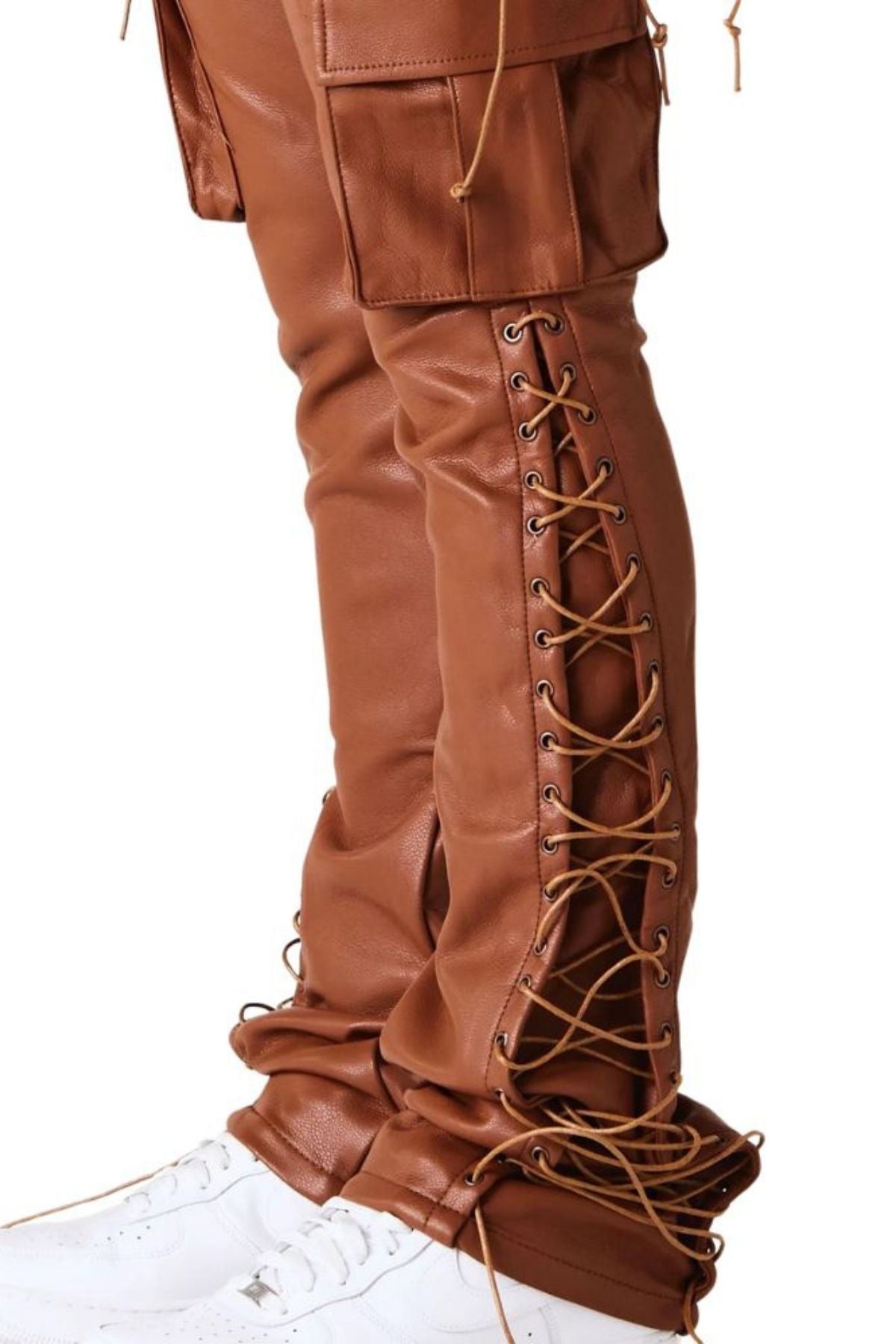 Men's Laced Leather Cargo Pants | Cognac Brown Side-Laced Trousers