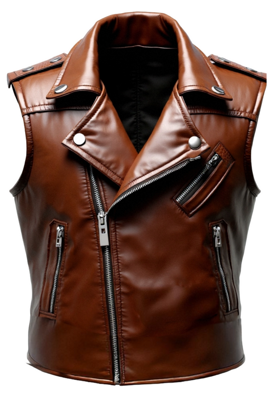 Brown leather vest with zippers 