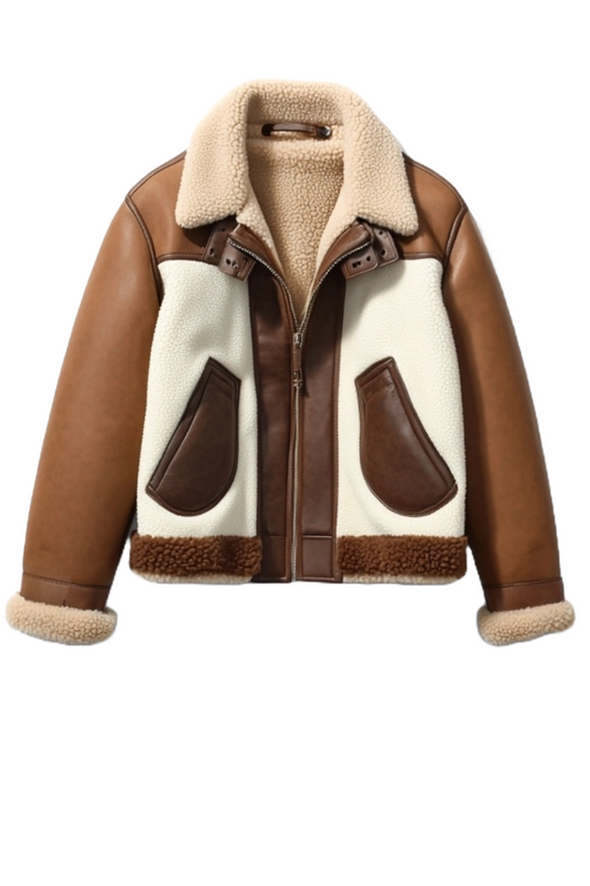 Men's Brown and Cream Faux Leather Sherpa Jacket - Cozy Winter Style