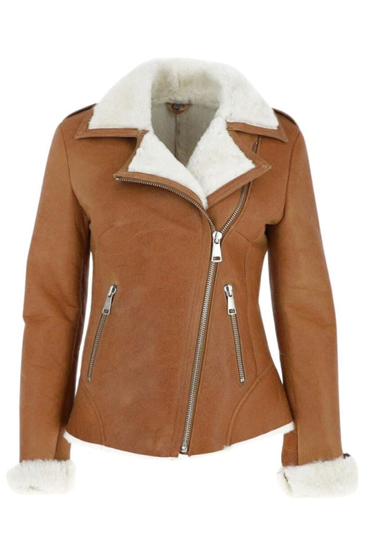 Brown leather jacket with white fur lining 