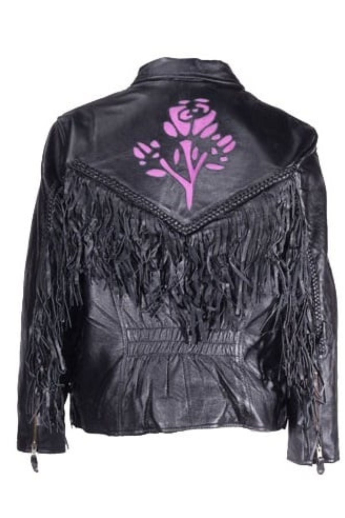 Black leather jacket with fringe details and a pink rose design 