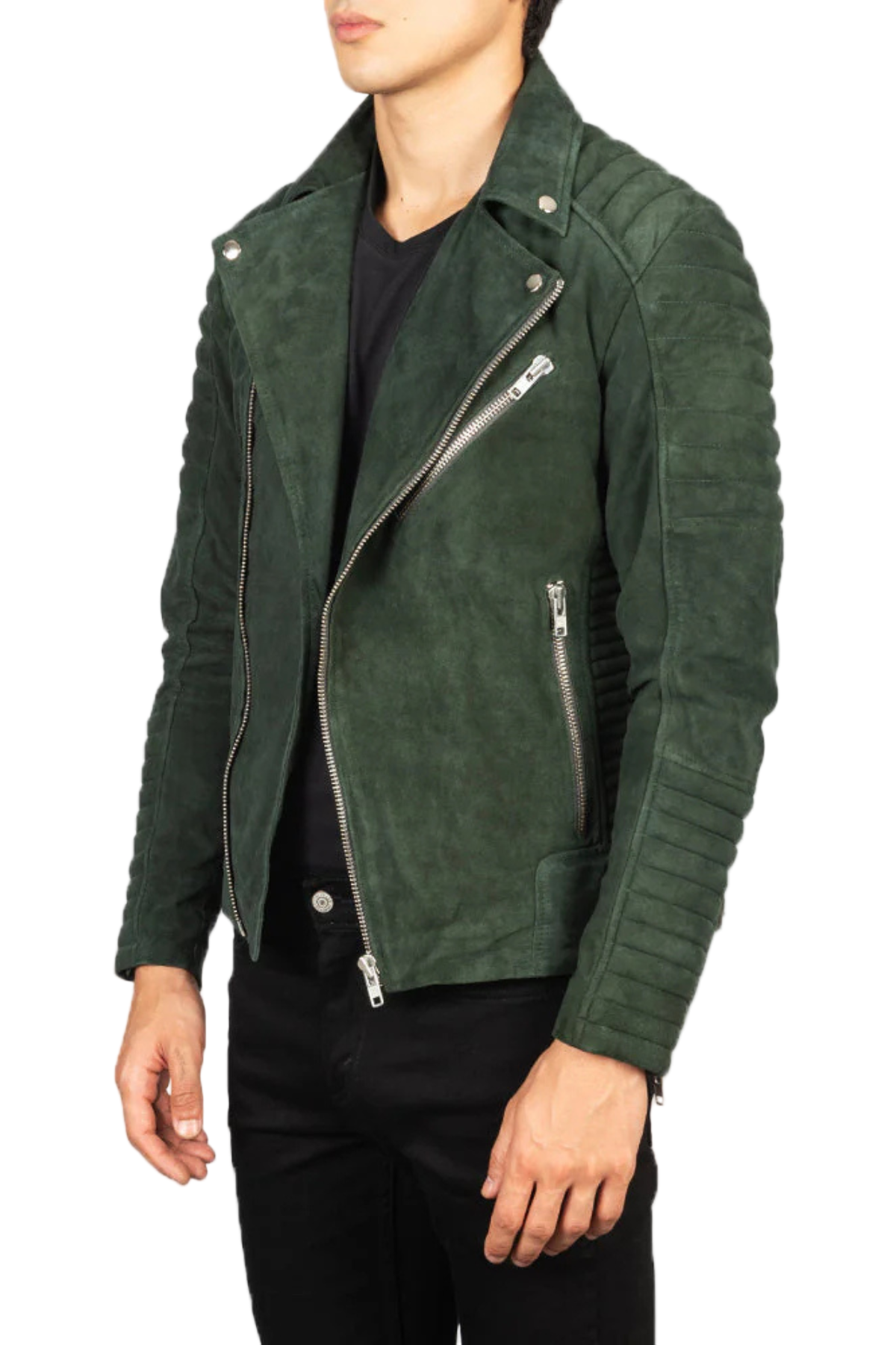 Green leather jacket worn by a person 
