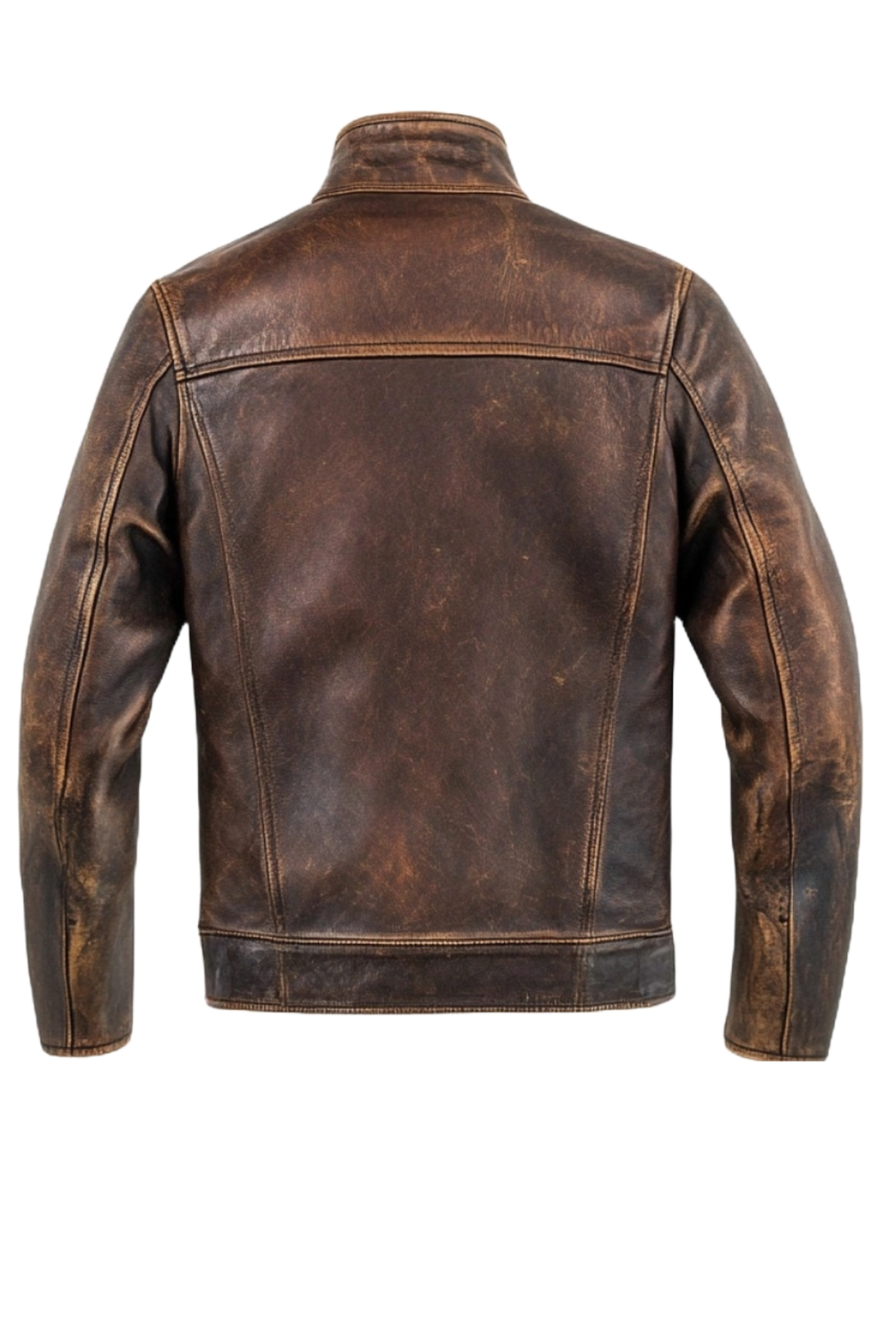 Men's Distressed Brown Button-Up Leather Jacket with Stand Collar