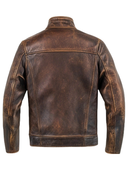 Men's Distressed Brown Button-Up Leather Jacket with Stand Collar