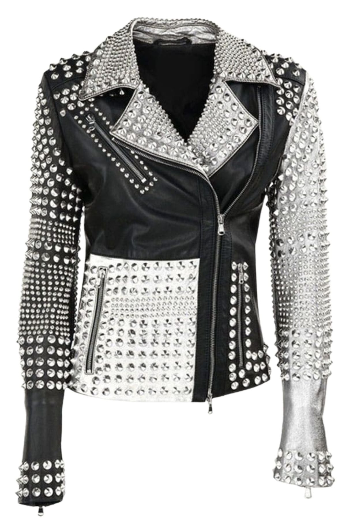 Title: Women's Silver Studded and Paneled Leather Biker Jacket - Metallic Edge
