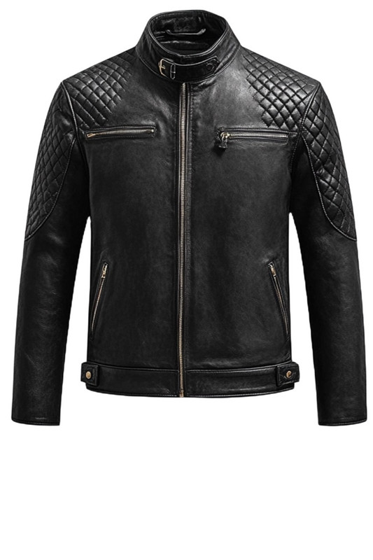 Black leather jacket with quilted design