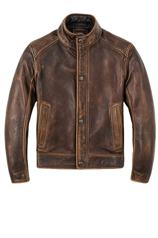 Men's Distressed Brown Button-Up Leather Jacket with Stand Collar