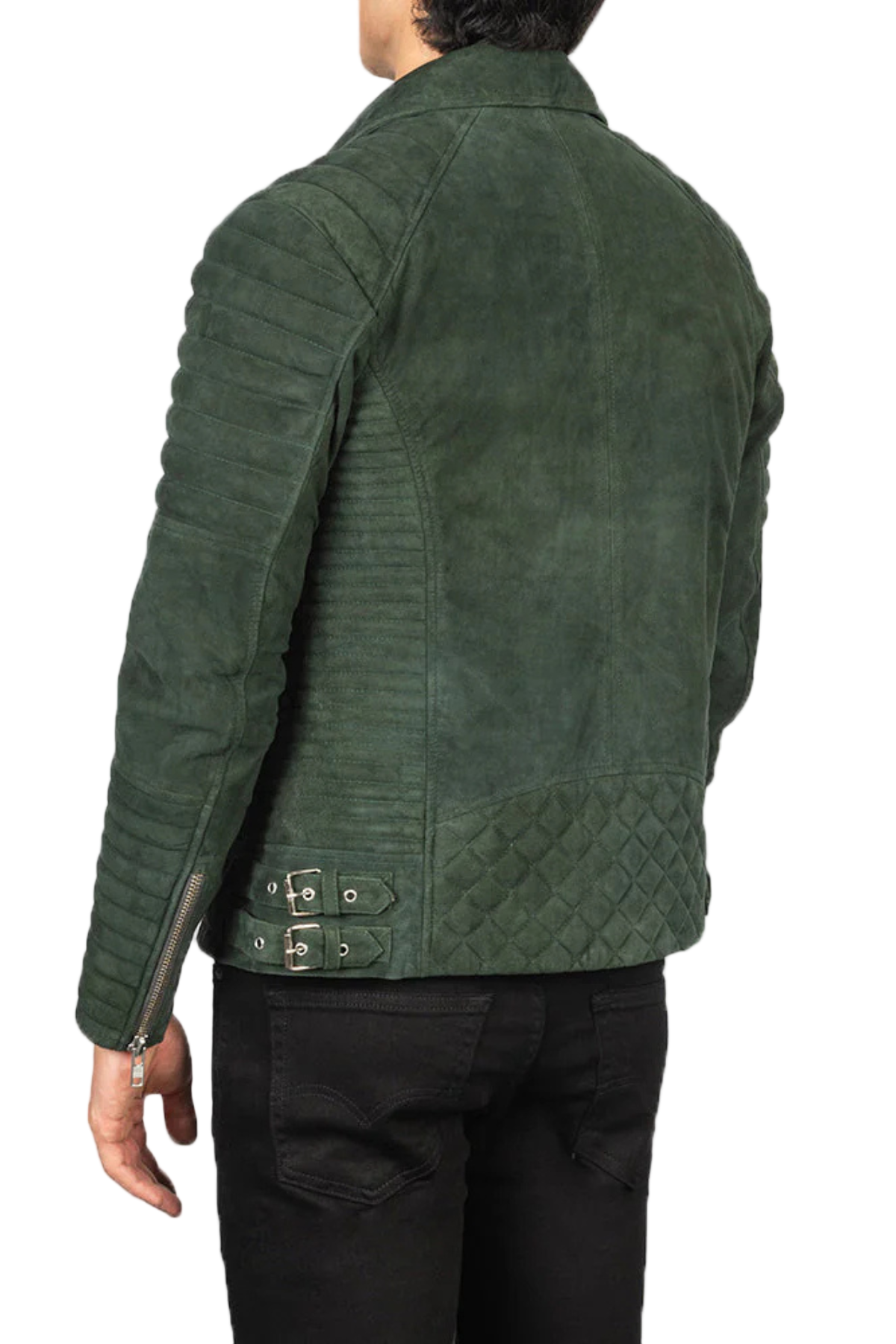 Green suede jacket worn by a person 