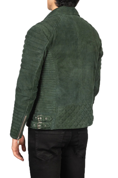 Green suede jacket worn by a person 