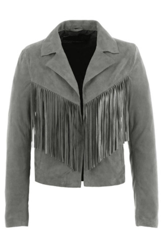 Gray suede jacket with fringe 