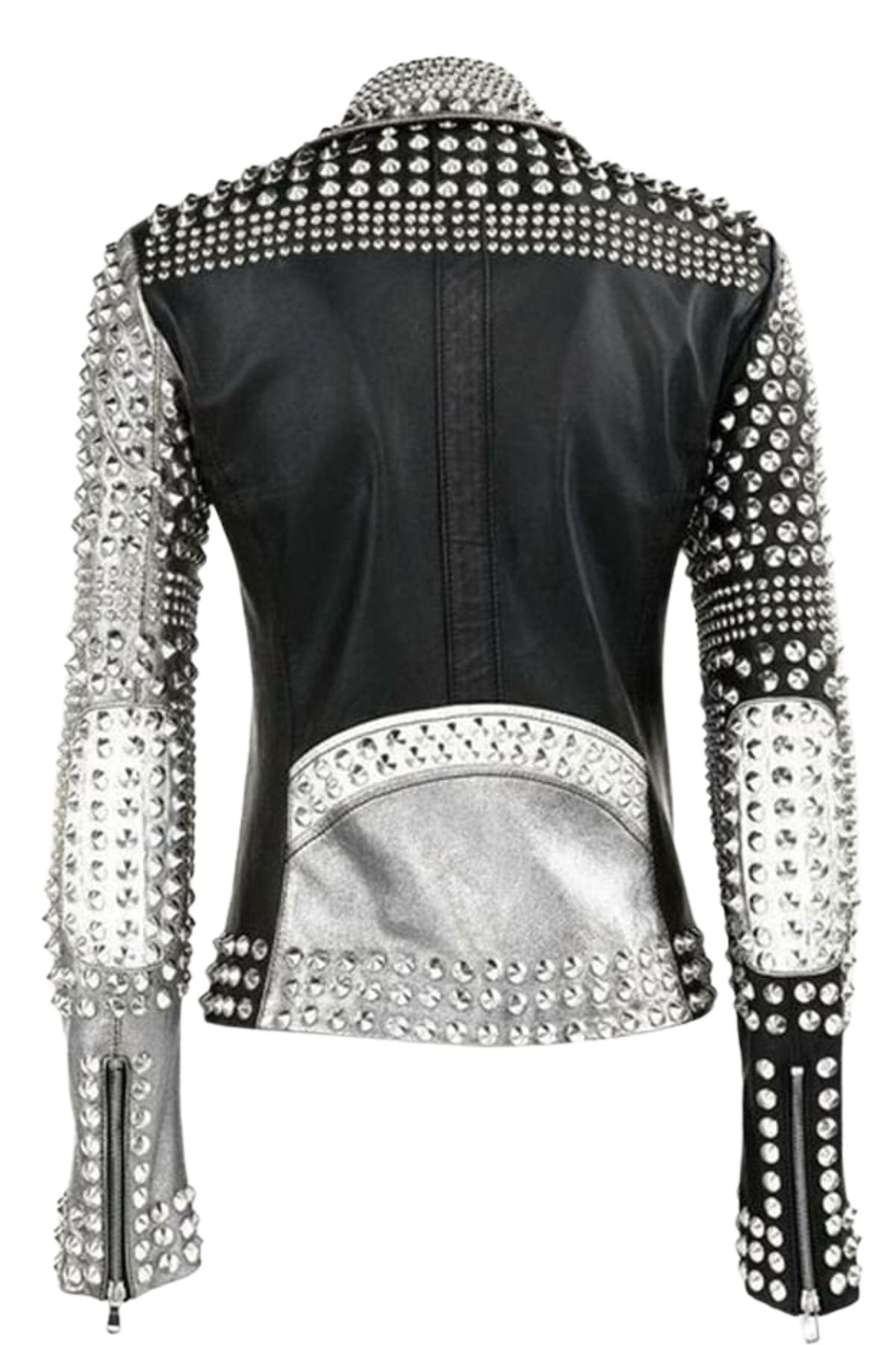 Title: Women's Silver Studded and Paneled Leather Biker Jacket - Metallic Edge