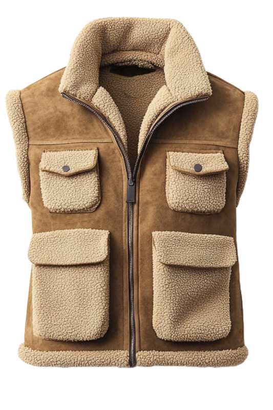 Brown suede vest with beige sherpa lining 