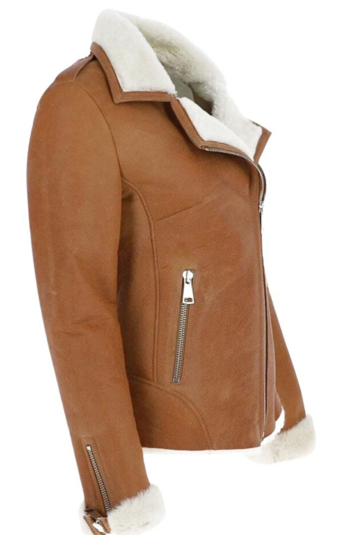 Brown leather jacket with white fur lining 