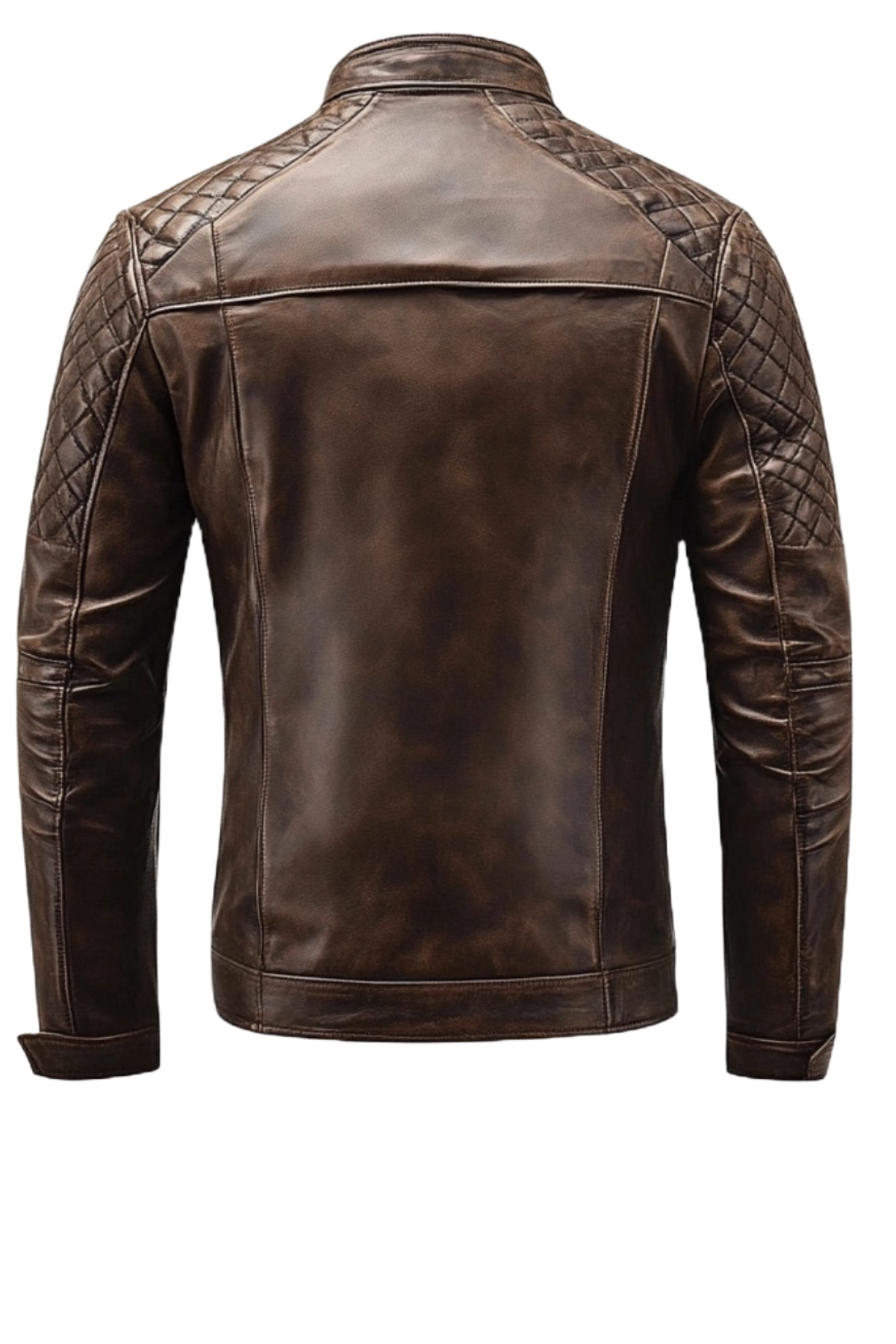 Brown leather jacket with quilted shoulder design 