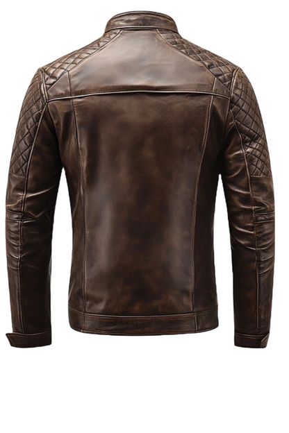 Brown leather jacket with quilted shoulder design 