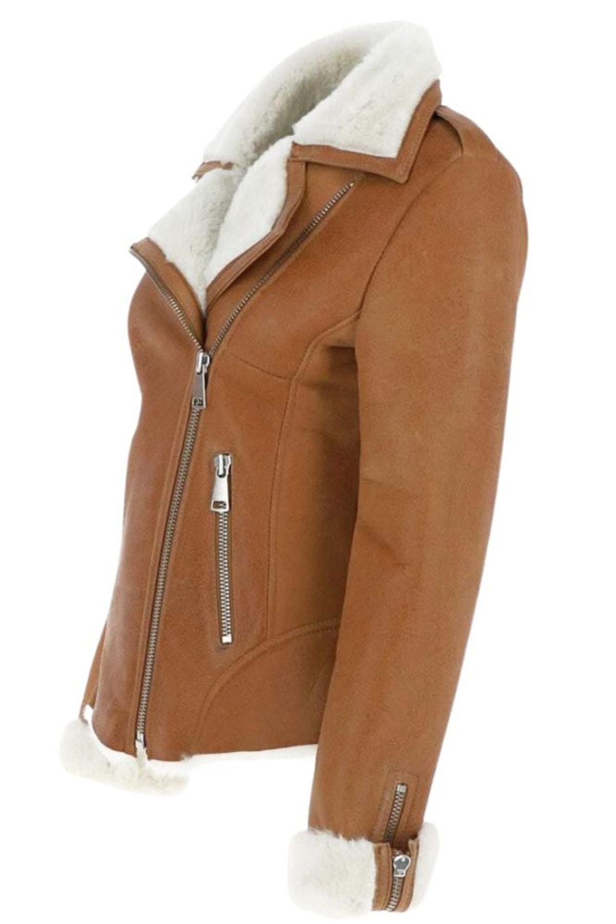 Brown leather jacket with white fur lining 