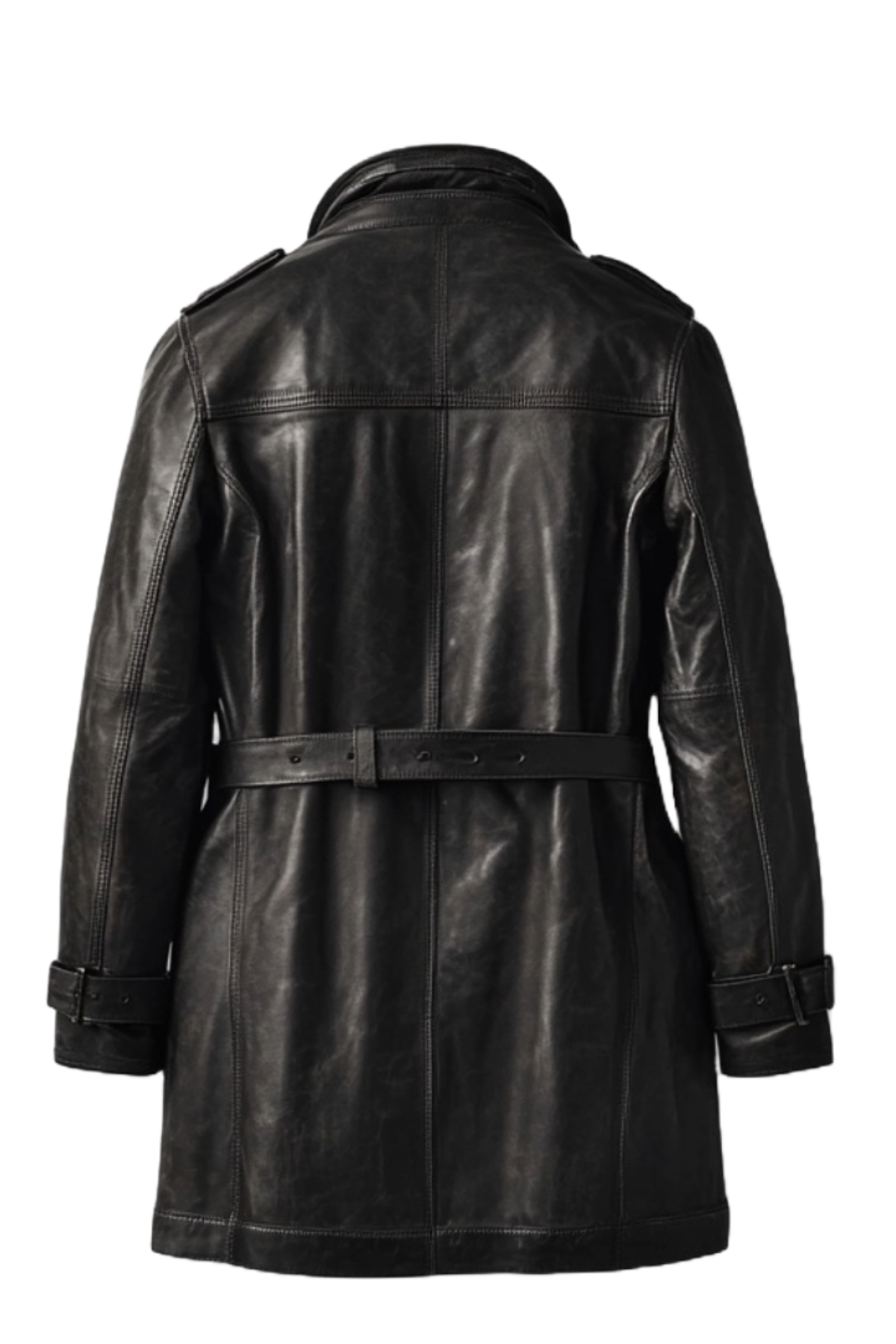 Men's Black Multi-Pocket Belted Leather Field Coat