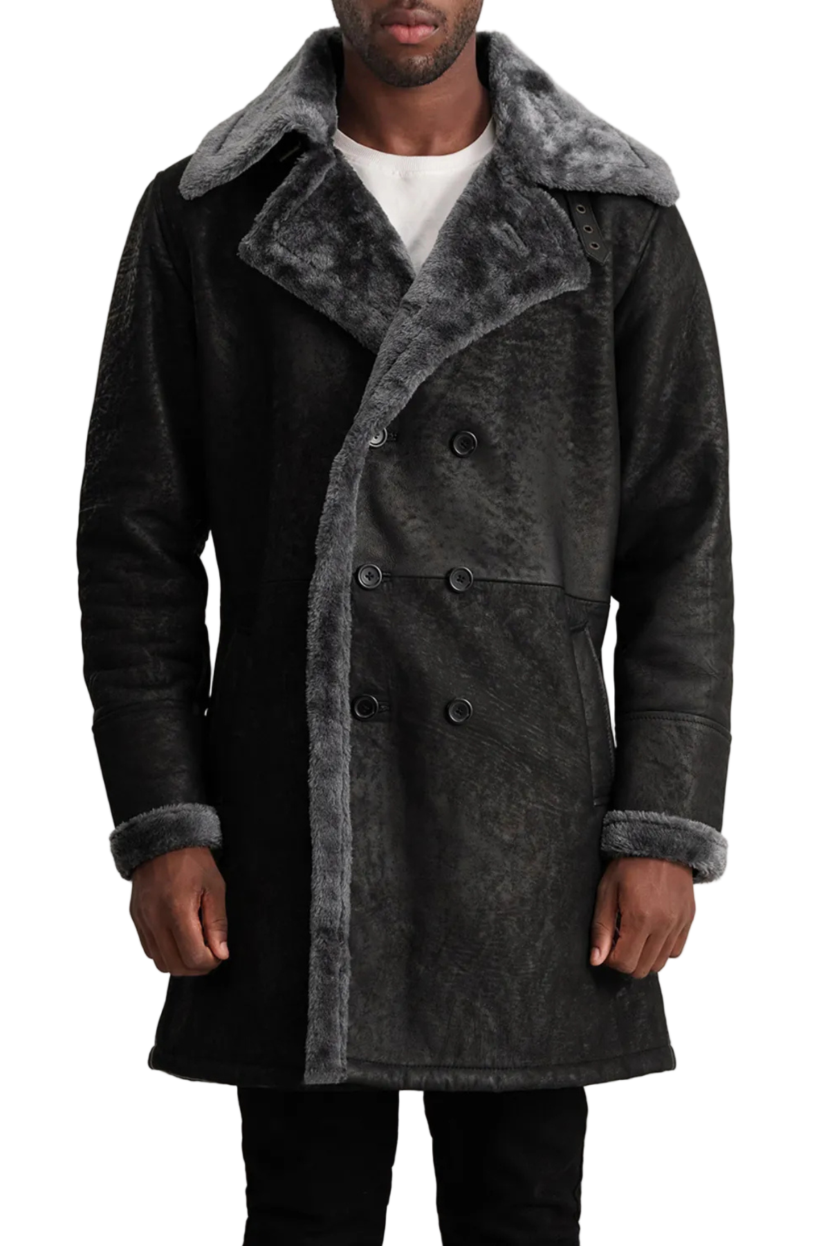 Man wearing a dark gray coat with fur collar and cuffs 